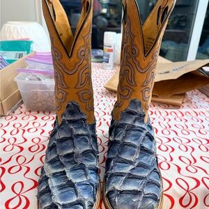 Blue Exotic Scale Western Boots with Tan Embroidered Shaft
